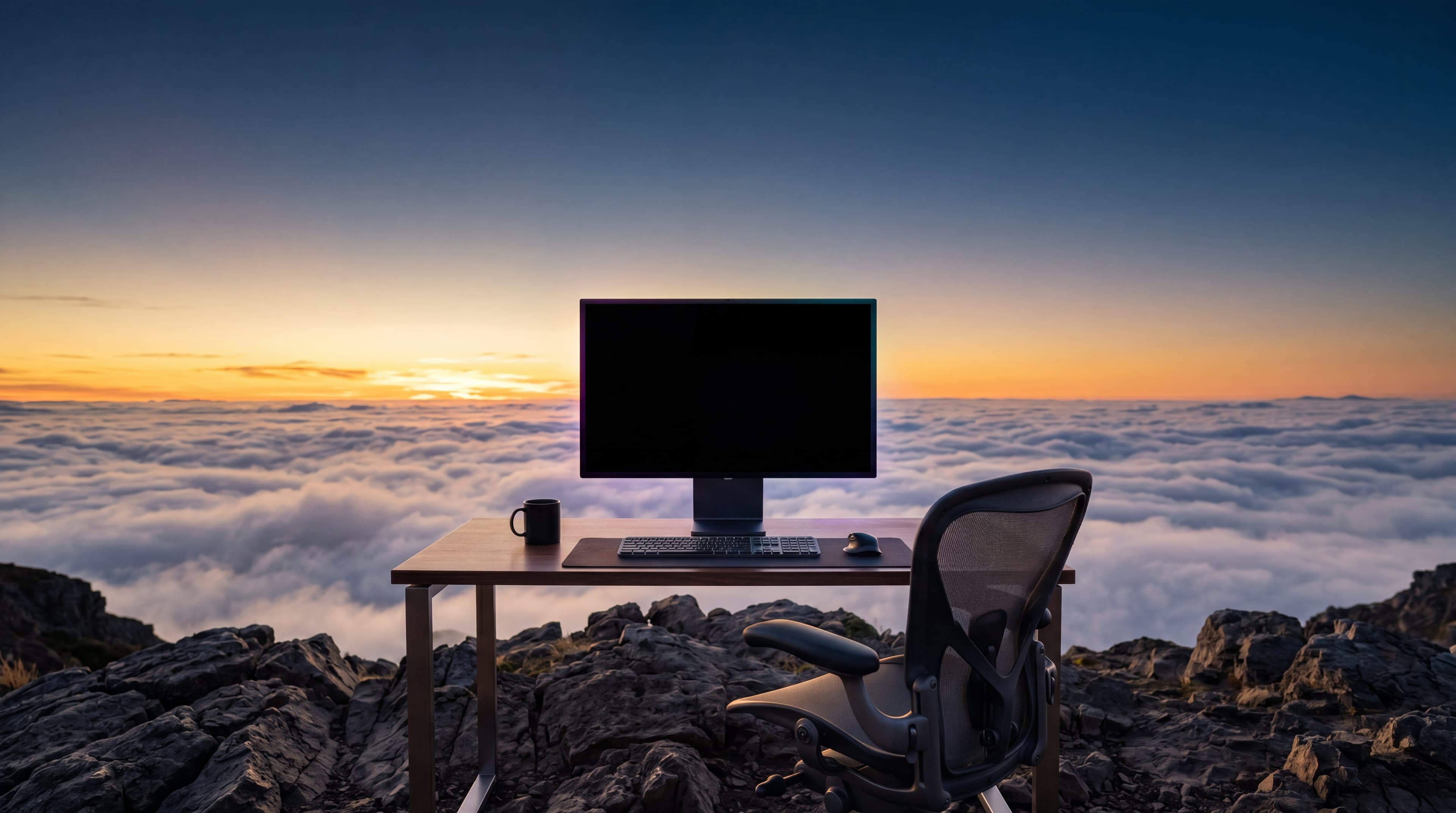 Escritorio con un monitor en la cima de una montaña al amanecer; la pantalla muestra la web de M.A.J Strategy Group