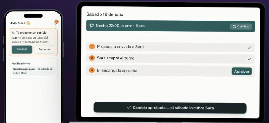 Pantalla de Kuadrai mostrando un cambio de turno aprobado entre dos empleados